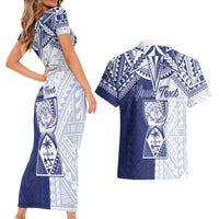 Personalised Northern Mariana Islands And Guam Couples Matching Short Sleeve Bodycon Dress and Hawaiian Shirt Latte Stone With Tribal Pattern
