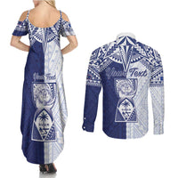 Personalised Northern Mariana Islands And Guam Couples Matching Summer Maxi Dress and Long Sleeve Button Shirt Latte Stone With Tribal Pattern