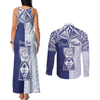 Personalised Northern Mariana Islands And Guam Couples Matching Tank Maxi Dress and Long Sleeve Button Shirt Latte Stone With Tribal Pattern