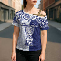 Personalised Northern Mariana Islands And Guam Cross Shoulder Shirt Latte Stone With Tribal Pattern