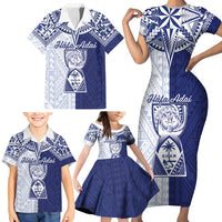 Personalised Northern Mariana Islands And Guam Family Matching Short Sleeve Bodycon Dress and Hawaiian Shirt Latte Stone With Tribal Pattern