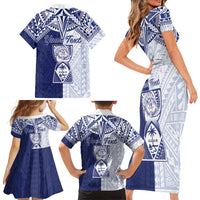 Personalised Northern Mariana Islands And Guam Family Matching Short Sleeve Bodycon Dress and Hawaiian Shirt Latte Stone With Tribal Pattern