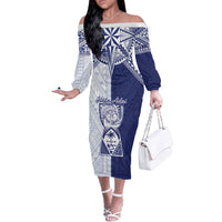Personalised Northern Mariana Islands And Guam Off The Shoulder Long Sleeve Dress Latte Stone With Tribal Pattern