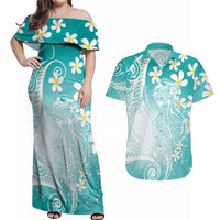 Polynesian Jellyfish Couples Matching Off Shoulder Maxi Dress and Hawaiian Shirt With Plumeria Teal
