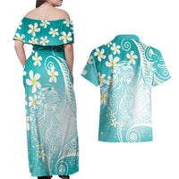 Polynesian Jellyfish Couples Matching Off Shoulder Maxi Dress and Hawaiian Shirt With Plumeria Teal