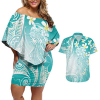 Polynesian Jellyfish Couples Matching Off Shoulder Short Dress and Hawaiian Shirt With Plumeria Teal