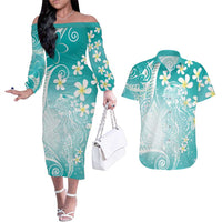 Polynesian Jellyfish Couples Matching Off The Shoulder Long Sleeve Dress and Hawaiian Shirt With Plumeria Teal