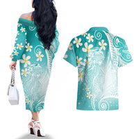 Polynesian Jellyfish Couples Matching Off The Shoulder Long Sleeve Dress and Hawaiian Shirt With Plumeria Teal