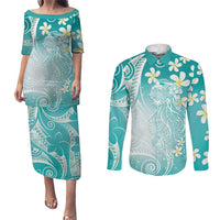Polynesian Jellyfish Couples Matching Puletasi and Long Sleeve Button Shirt With Plumeria Teal