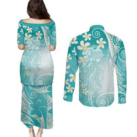 Polynesian Jellyfish Couples Matching Puletasi and Long Sleeve Button Shirt With Plumeria Teal