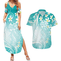 Polynesian Jellyfish Couples Matching Summer Maxi Dress and Hawaiian Shirt With Plumeria Teal