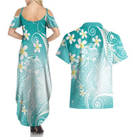 Polynesian Jellyfish Couples Matching Summer Maxi Dress and Hawaiian Shirt With Plumeria Teal