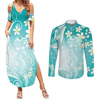 Polynesian Jellyfish Couples Matching Summer Maxi Dress and Long Sleeve Button Shirt With Plumeria Teal