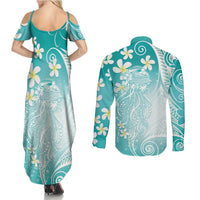 Polynesian Jellyfish Couples Matching Summer Maxi Dress and Long Sleeve Button Shirt With Plumeria Teal