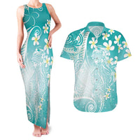 Polynesian Jellyfish Couples Matching Tank Maxi Dress and Hawaiian Shirt With Plumeria Teal