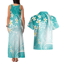 Polynesian Jellyfish Couples Matching Tank Maxi Dress and Hawaiian Shirt With Plumeria Teal