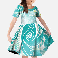 Polynesian Jellyfish Family Matching Long Sleeve Bodycon Dress and Hawaiian Shirt With Plumeria Teal