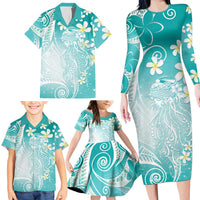 Polynesian Jellyfish Family Matching Long Sleeve Bodycon Dress and Hawaiian Shirt With Plumeria Teal
