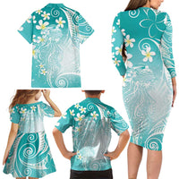 Polynesian Jellyfish Family Matching Long Sleeve Bodycon Dress and Hawaiian Shirt With Plumeria Teal
