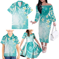 Polynesian Jellyfish Family Matching Off The Shoulder Long Sleeve Dress and Hawaiian Shirt With Plumeria Teal