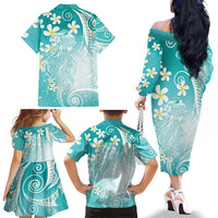 Polynesian Jellyfish Family Matching Off The Shoulder Long Sleeve Dress and Hawaiian Shirt With Plumeria Teal