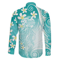 Polynesian Jellyfish Family Matching Off The Shoulder Long Sleeve Dress and Hawaiian Shirt With Plumeria Teal
