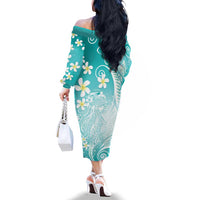 Polynesian Jellyfish Family Matching Off The Shoulder Long Sleeve Dress and Hawaiian Shirt With Plumeria Teal