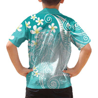 Polynesian Jellyfish Family Matching Short Sleeve Bodycon Dress and Hawaiian Shirt With Plumeria Teal