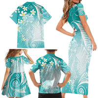 Polynesian Jellyfish Family Matching Short Sleeve Bodycon Dress and Hawaiian Shirt With Plumeria Teal