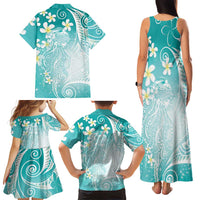 Polynesian Jellyfish Family Matching Tank Maxi Dress and Hawaiian Shirt With Plumeria Teal