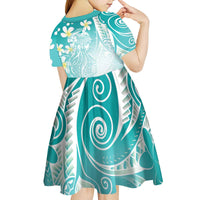 Polynesian Jellyfish Kid Short Sleeve Dress With Plumeria Teal