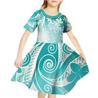Polynesian Jellyfish Kid Short Sleeve Dress With Plumeria Teal