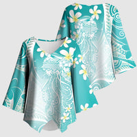 Polynesian Jellyfish Kimono Sleeve Blouse With Plumeria Teal