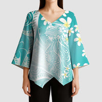 Polynesian Jellyfish Kimono Sleeve Blouse With Plumeria Teal