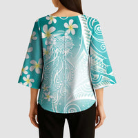 Polynesian Jellyfish Kimono Sleeve Blouse With Plumeria Teal