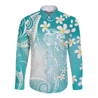 Polynesian Jellyfish Long Sleeve Button Shirt With Plumeria Teal