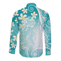 Polynesian Jellyfish Long Sleeve Button Shirt With Plumeria Teal