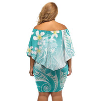 Polynesian Jellyfish Off Shoulder Short Dress With Plumeria Teal