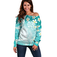 Polynesian Jellyfish Off Shoulder Sweater With Plumeria Teal