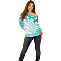Polynesian Jellyfish Off Shoulder Sweater With Plumeria Teal