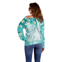 Polynesian Jellyfish Off Shoulder Sweater With Plumeria Teal
