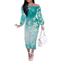 Polynesian Jellyfish Off The Shoulder Long Sleeve Dress With Plumeria Teal