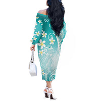Polynesian Jellyfish Off The Shoulder Long Sleeve Dress With Plumeria Teal
