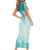 Polynesian Jellyfish Short Sleeve Bodycon Dress With Plumeria Teal