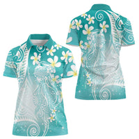 Polynesian Jellyfish Women Polo Shirt With Plumeria Teal
