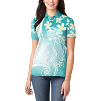 Polynesian Jellyfish Women Polo Shirt With Plumeria Teal