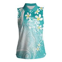 Polynesian Jellyfish Women Sleeveless Polo Shirt With Plumeria Teal