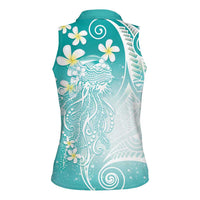 Polynesian Jellyfish Women Sleeveless Polo Shirt With Plumeria Teal