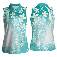 Polynesian Jellyfish Women Sleeveless Polo Shirt With Plumeria Teal