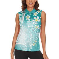 Polynesian Jellyfish Women Sleeveless Polo Shirt With Plumeria Teal